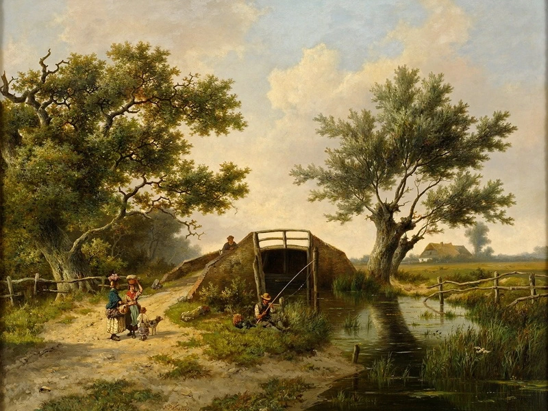 1843-Pieter Hendrik Koekkoek - Paesaggio estivo con pescatore
